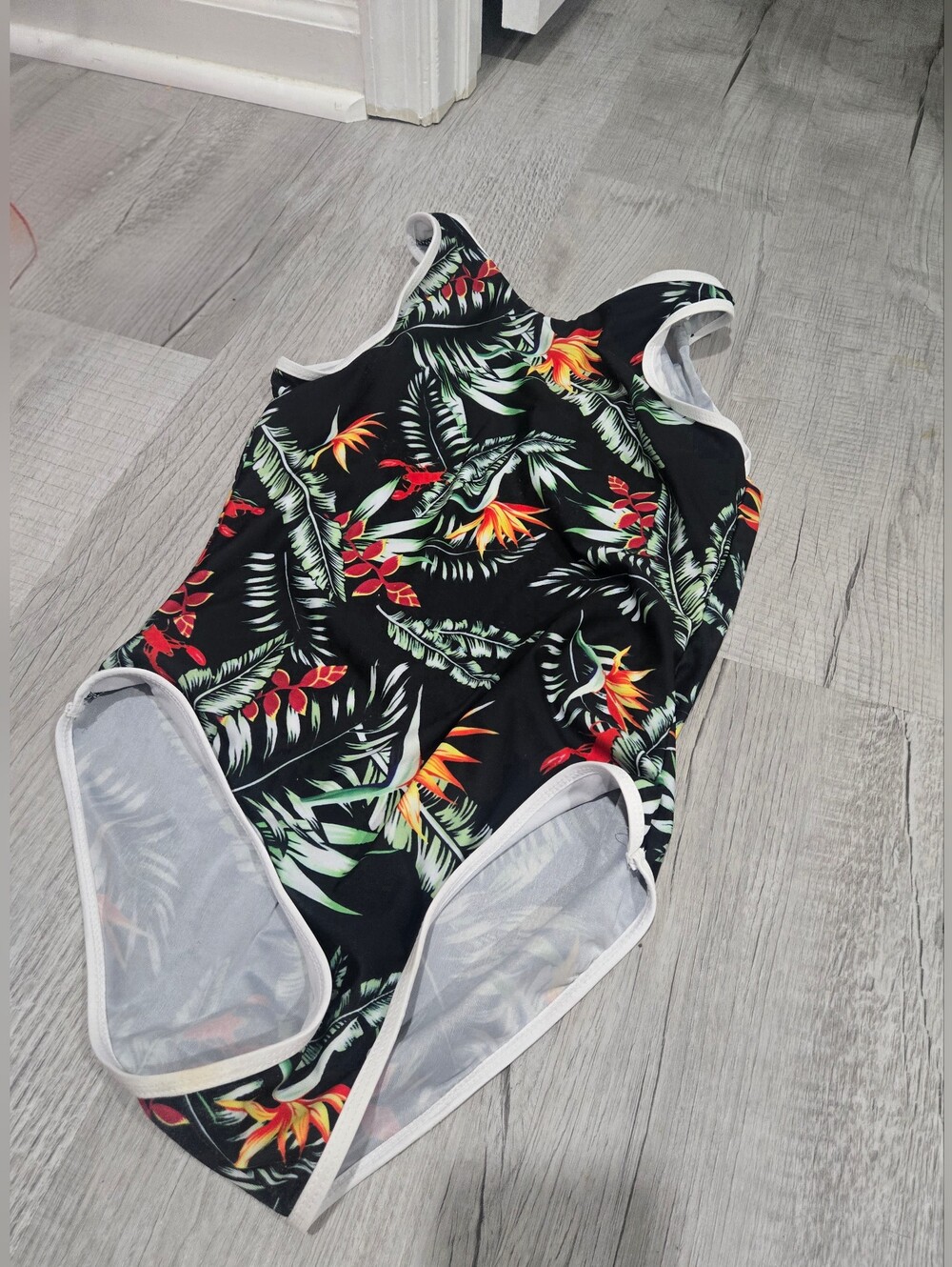 Tropical Floral One-Piece Swimsuit - Black with Green & Red Print